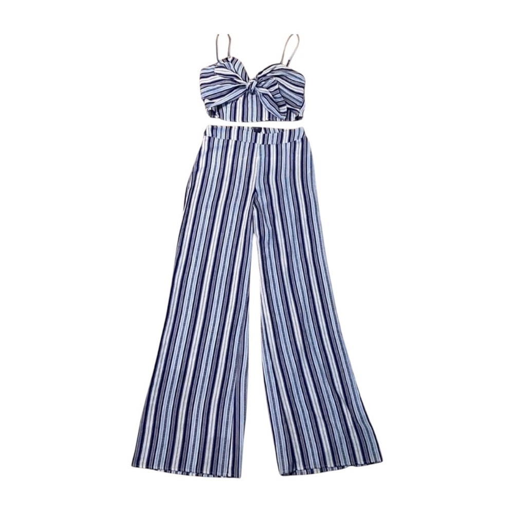 WINDSOR. Women’s two piece pin strips pant set. Crop top and wide leg pants.